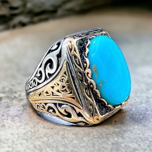 Men Handmade Ring, Turqoise Men Silver Ring , Natural Oval Gemstone Ring , Turkish Handmade Ring , 925k Sterling Silver Ring , Gift For Him