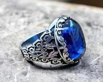 Handmade Ottoman Style Blue Stone Ring: 925 Sterling Silver