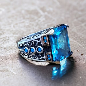 Aquamarine Stone Ring: Vintage Turkish Ottoman 925 Sterling Silver Men&#39;s Ring