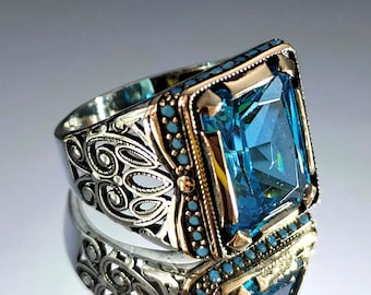 Handmade Turkish Aquamarine Ring: Vintage Sterling Silver Men's Ring