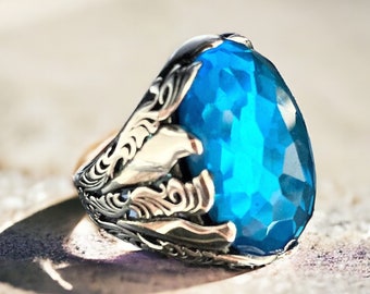 Aquamarine Stone Ring: Ottoman 925 Sterling Silver Ring for Men