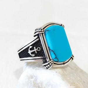 925 Sterling Silver Men Handmade Ring with Gemstone, Ship Anchor Ring, Nautical Theme Ring, Sailing Ship Ring, Gift For Him