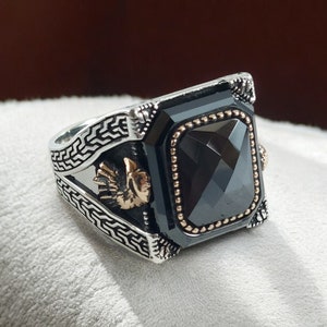 Handmade Sterling Silver Men&#39;s Ring: Eagle Head, Black Zircon Stone