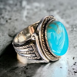 Men Handmade Ring , Oval Turquoise Stone , Turquoise Stone Ring , Handcrafted Ottoman Men Ring , Turkish Handmade , Gift For Him