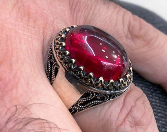 Handmade Sterling Silver Men's Ring: Ottoman Ruby Stone Ring
