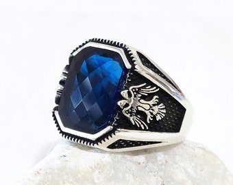 925 Sterling Silver Men Handmade Ring with Gemstone, Double Headed Eagle Ring, Animal Theme Ring, Wild Eagle Ring, Gift For Him