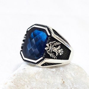925 Sterling Silver Men Handmade Ring with Gemstone, Double Headed Eagle Ring, Animal Theme Ring, Wild Eagle Ring, Gift For Him