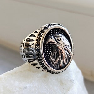 Handmade 925 Sterling Silver Eagle Ring: Black Zircon Side Stones