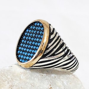 925 Sterling Silver Men Handmade Ring with Gemstone, Black Zircon Stone, Turquoise Zircon Stone, Turkish Handmade Ring, Gift for Him