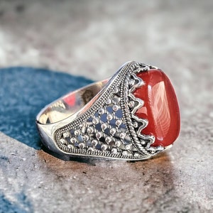 Handmade Sterling Silver Mens Ring: Oval Red Agate Gemstone