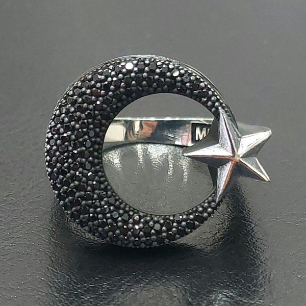 925K Silver Moon & Star Turkish Flag Ring Silver Handmade Jewelry with Black Zircon Stone, Patriotic Country Themed Ring, Gift for Him