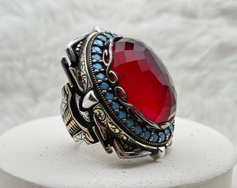 Luxury Men's Ruby Red & Turquoise Ring, Handmade 925 Silver, Heavy Turkish Statement Jewelry, 52g, Cebeci Silver