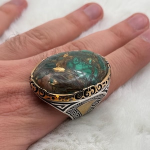 925 Sterling Silver Handmade Men's Ring with Large Oval Turquoise Stones , Ottoman Style Masculine Ring , Gift for Him , Father's Day Gift