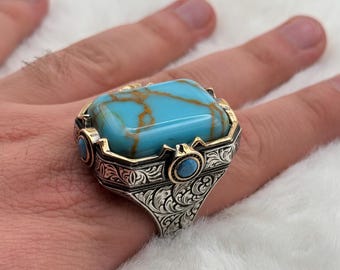 Handgemachter Sterling Silber Herrenring: Türkis Stein osmanisch