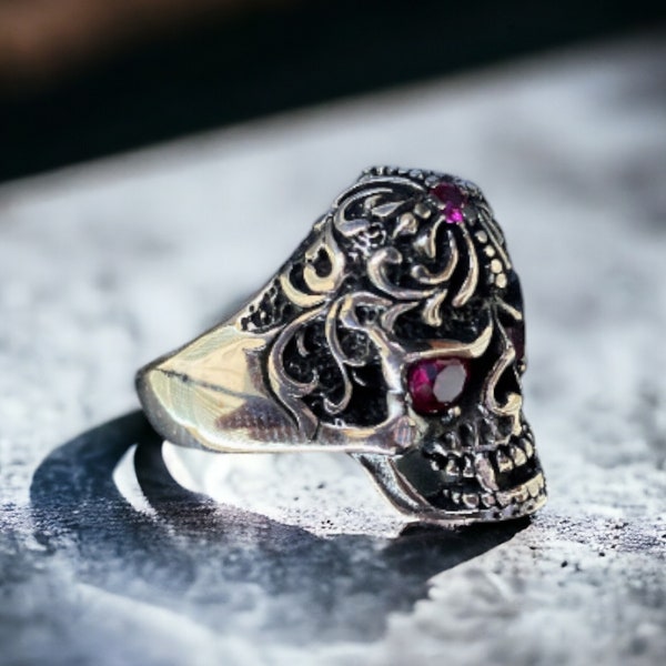 Bague tête de mort en argent, bague tête de mort lierre, bague tête de mort en argent gothique, bague de style motard, bague en argent unisexe, bague homme turque en argent 925 faite main