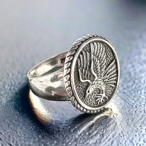 Handmade 925 Sterling Silver Eagle Statement Ring - Oxidized Animal Style