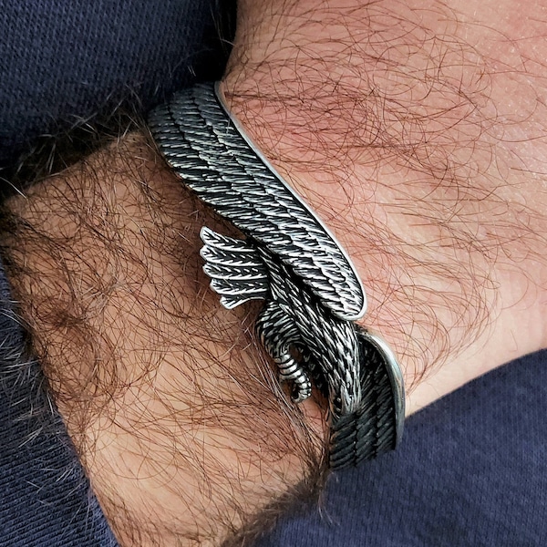 Bracelet aigle animalier fait main en argent sterling 925 pour hommes, bracelet manchette animal en argent réglable, bracelet unisexe fait main