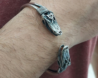 Crocodile Head Sterling Silver Cuff Bracelet: Unisex Wild Animal Jewelry