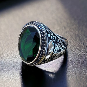 Anel de prata com pedra esmeralda verde, anel de pedra preciosa esmeralda, anel masculino turco feito à mão em prata 925, joias masculinas otomanas, anel vintage