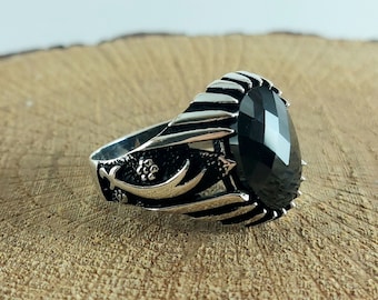 925 Sterling Silver Handmade Men's Ring with Sword Zulfiqar Patterned Black Onyx Stone