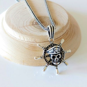 Sterling Silver Pirate Skull Necklace: Ship Rudder Pendant, Men&#39;s Jewelry
