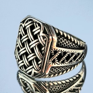 925k Silver Knitted Pattern Handmade Ring , Scandinavian Motif Handmade Ring , Gift For Him