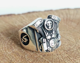 Handmade Sterling Silver Engine Skull Ring - Gothic Biker Jewelry
