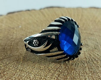 925 Sterling Silver Handmade Men's Ring with Sword Zulfiqar Patterned Blue Sapphire Stone