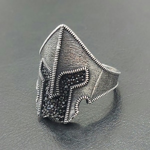 Handmade 925K Silver Spartan Helmet Ring with Black Zircon