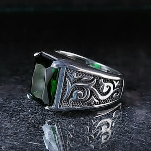 Silver Emerald Stone Ring , Square Zircon Green Stone Ring , Ottoman Style Ring , Vintage Style Ring , 925 Silver Turkish Handmade Mens Ring