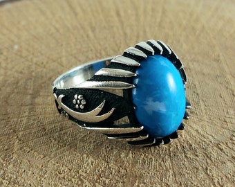 925 Sterling Silver Handmade Men's Ring with Sword Zulfiqar Patterned Turquoise Stone