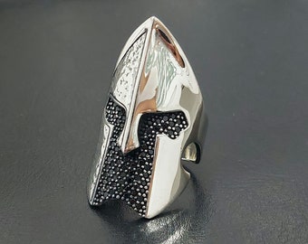 925K Silver Spartan Helmet Silver Handmade Ring with Black Micro Zircon Stone , Knight Silver Ring , Pantheon Helmet Ring, Gift for Him