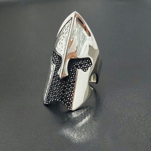 925K Silver Spartan Helmet Silver Handmade Ring with Black Micro Zircon Stone , Knight Silver Ring , Pantheon Helmet Ring, Gift for Him