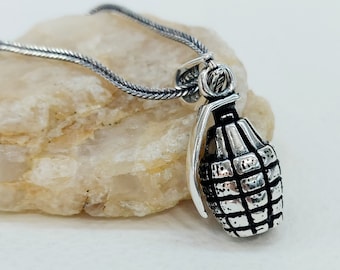 Sterling Silver Grenade Pendant Necklace - Military Army Gift