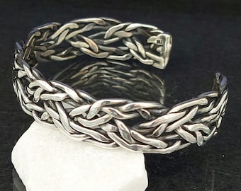 Men Silver Thick Cuff Bracelet , 925k Sterling Silver Chain Model Unisex Adjustable Bracelet , Handmade Embroidered Bracelet