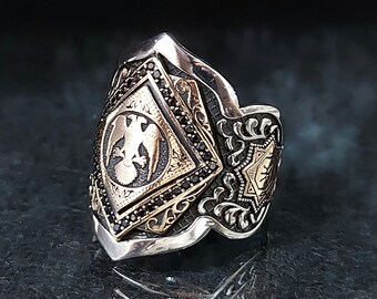Seljuk Double Headed Eagle Sterling Silver Ring With Black Zircon