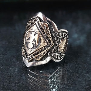 Seljuk Double Headed Eagle Sterling Silver Ring with Black Zircon