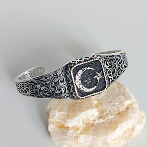 925 Sterling Silver Men&#39;s Handmade Adjustable Cuff Bracelet with Moon & Star Turkish Flag