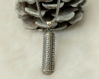 925K Silver Talisman Stash Vial Pendant , Ancient Greek Pattern Silver Pendant , Prayer Box Pill Box Locket Tube Photo Storage Tube