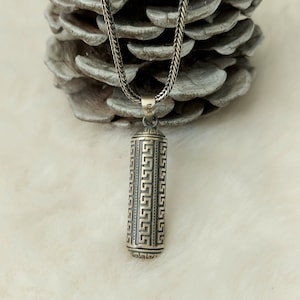 925K Silver Talisman Stash Vial Pendant , Ancient Greek Pattern Silver Pendant , Prayer Box Pill Box Locket Tube Photo Storage Tube