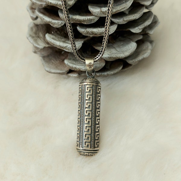 925K Silver Talisman Stash Vial Pendant , Ancient Greek Pattern Silver Pendant , Prayer Box Pill Box Locket Tube Photo Storage Tube