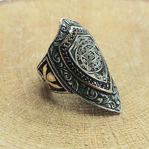 Ottoman Theme 925 Sterling Silver Handmade Thumb Ring with Seal of Solomon Engraving