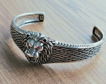 925 Sterling Silver Men's Handmade Lion King Bracelet , Adjustable Wild Animal Bracelet , Lion Head Bracelet , Handmade Silver Men Bracelet