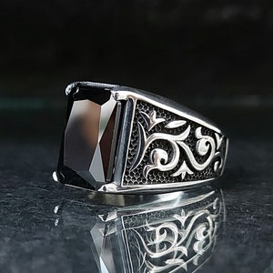 Sterling Silver Mens Ring: Black Zircon Stone, Ottoman Vintage Style