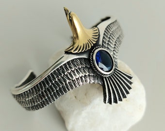 Handmade Sterling Silver Eagle Bracelet: Dark Blue Zircon Stone, Adjustable