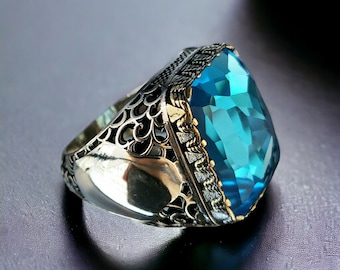 Handmade Aquamarine Gemstone Sterling Silver Men&#39;s Ring: Vintage Turkish Jewelry