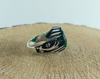 Men's Zulfiqar Sword Ring - Solid 925 Sterling Silver With Green Agate Stone, Handmade In Turkey - View #7