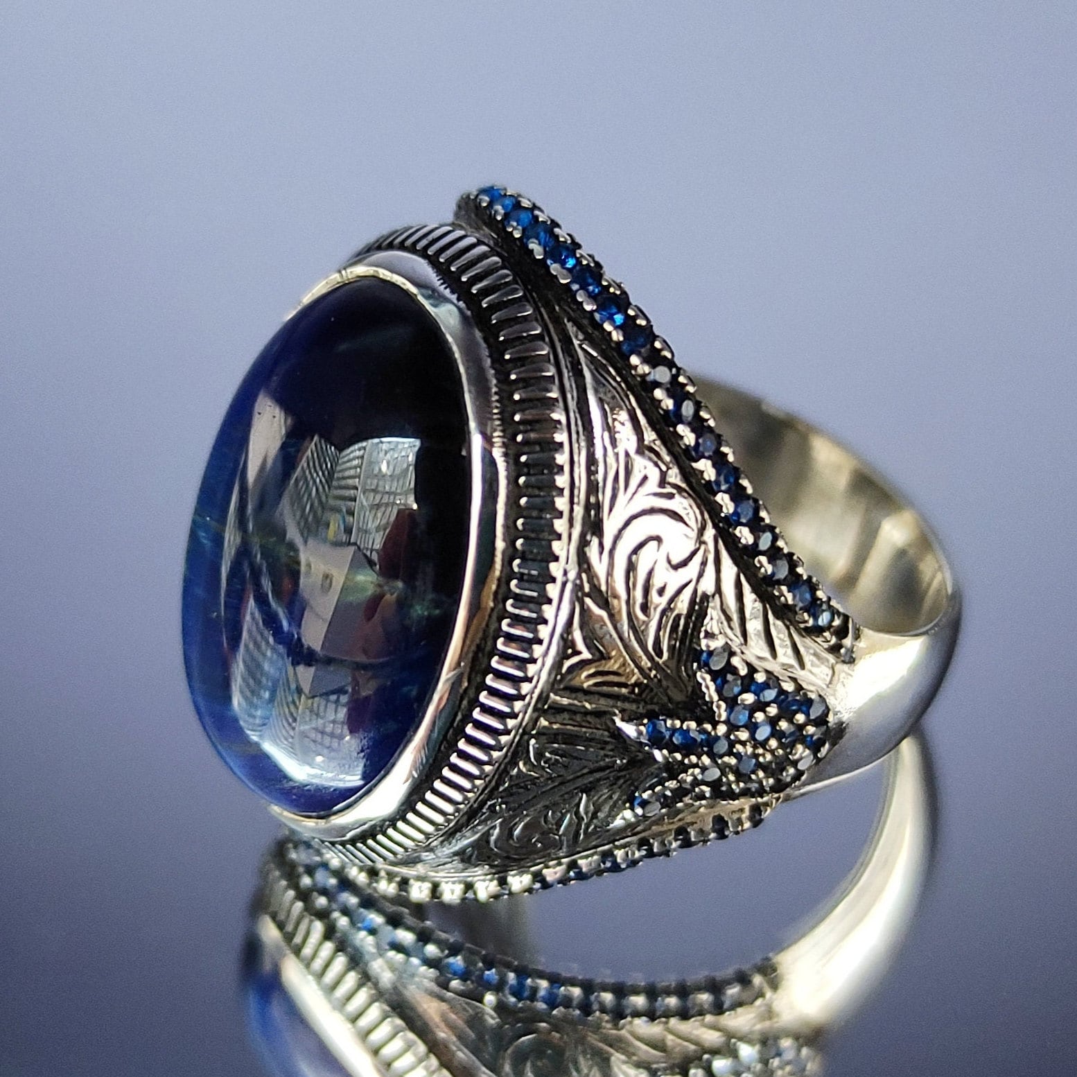 Oval Blue Zircon Stone Handmade Sterling Silver Men Ring