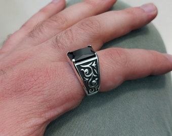 Silver Onyx Stone Ring , Square Black Zircon Stone Ring