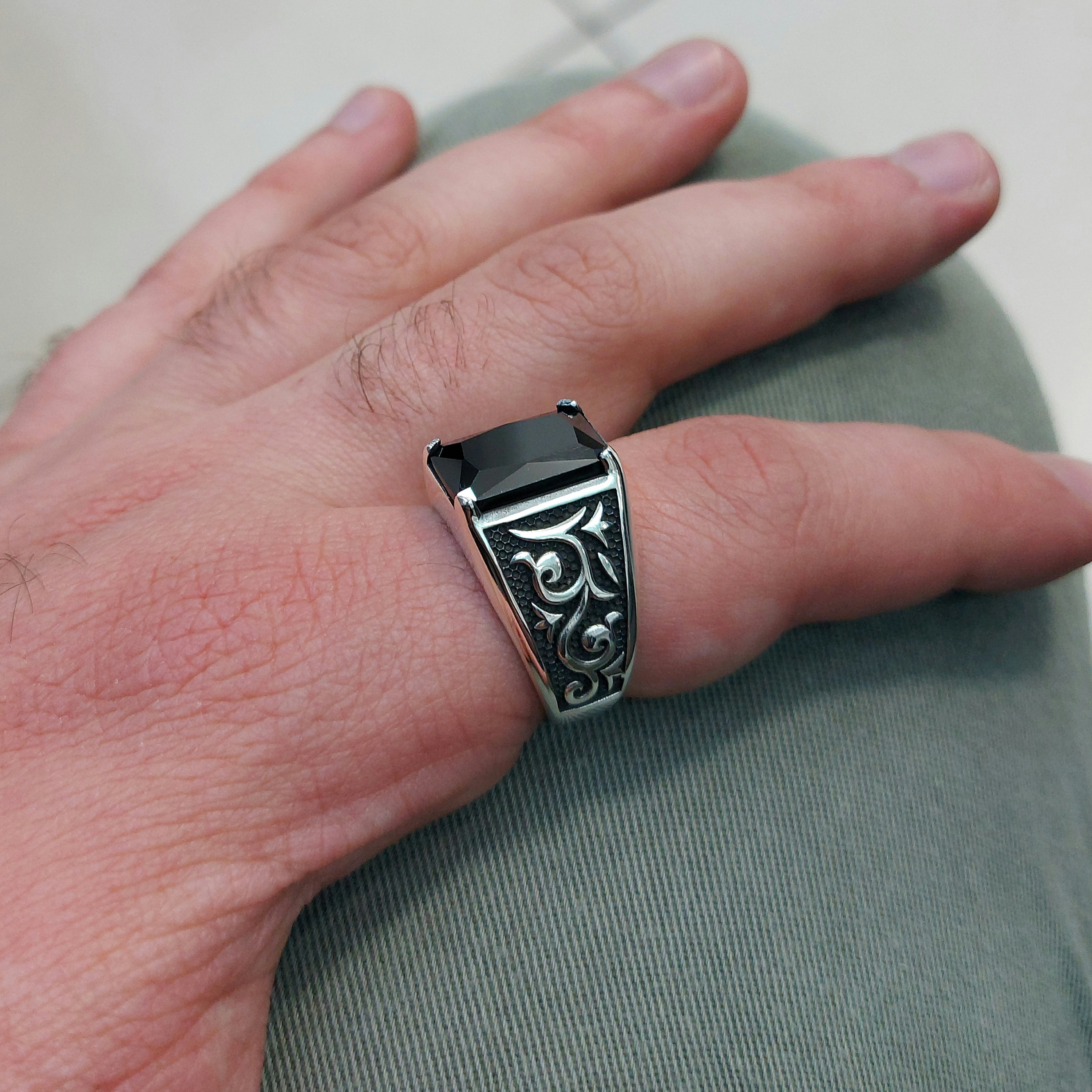 Silver Onyx Stone Ring , Square Black Zircon Stone Ring